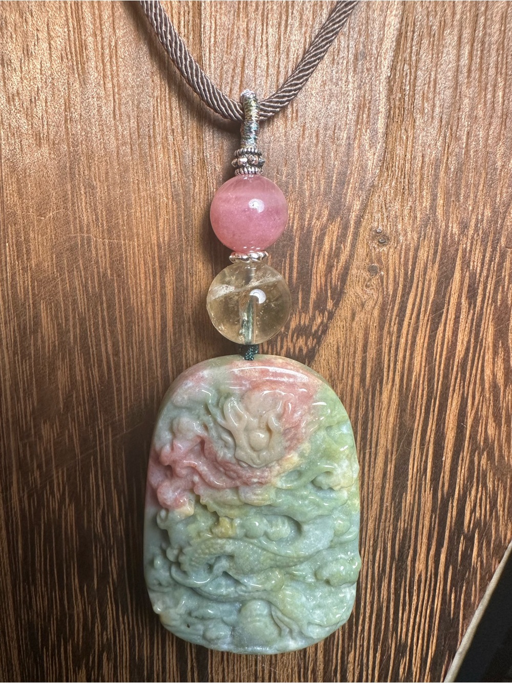 Ocean Jasper Dragon Pendant Necklace with Citrine and Rose Quartz on Brown Rope - Picture 14 of 16